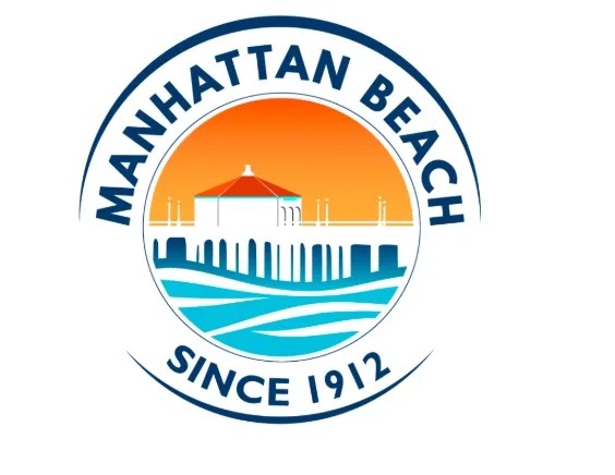 Round Manhattan Beach graphic featuring the pier and ocean